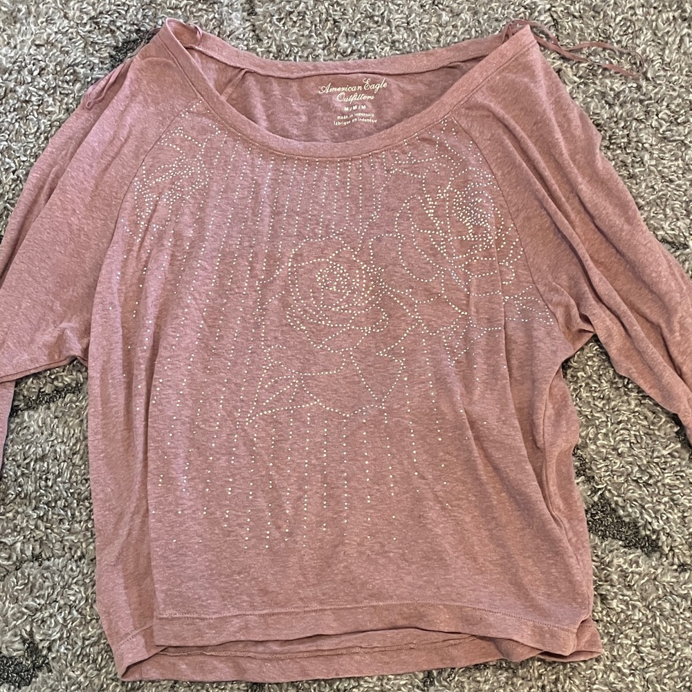 American Age Mauve Long Sleeve Top with Rhinestone Floral Design